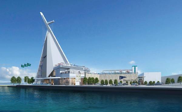 The mast-and-sail themed Jeddah Yacht Club nears completion and  will open in March. Image JYC