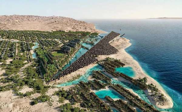 The largest luxury community planned for NEOM, Jaumur is designed around a marina protected from the sun by an aerofoil-shaped sculptural structure.