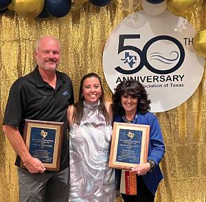 Hendren Plastics president, Jim Hendren, and vice president sales, Susie Wallace, proudly display their latest industry awards from the Marina Association of Texas.