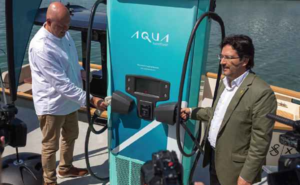 Launching the marine fast charger at Sant Carles Marina, Spain.