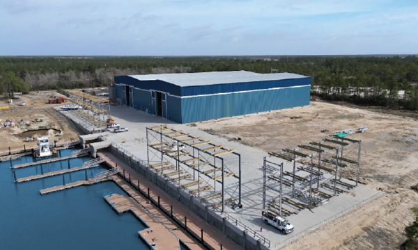 The Bon Secour Marina drystack in Alabama has covered storage for over 500 boats and additional outside raised racks.