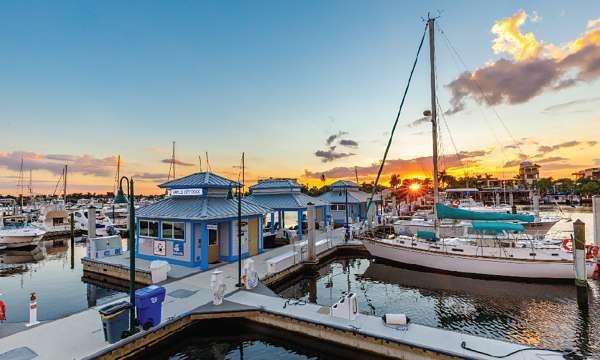 Utilising water space for floating buildings is increasingly popular. The dockmasters office, laundry room, gazebo and bathrooms are all housed over the water at Naples City Dock in Naples, Florida.