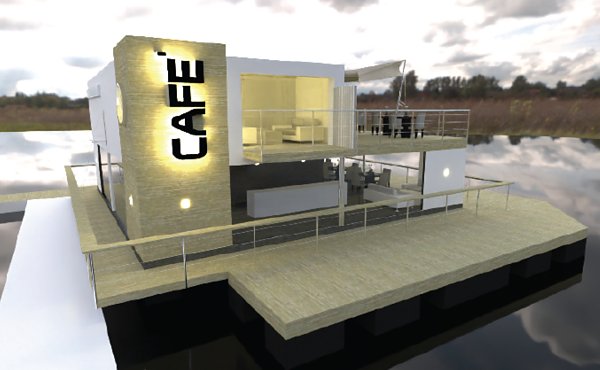 A floating caf, to be built near the homes, has attracted interest from a gin distillery.