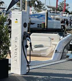 Electric boat charging pedestal at Sanctuary Cove Marine, Australia.