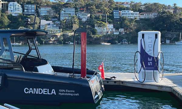 Charging up an electric boat in Sydney Harbour.